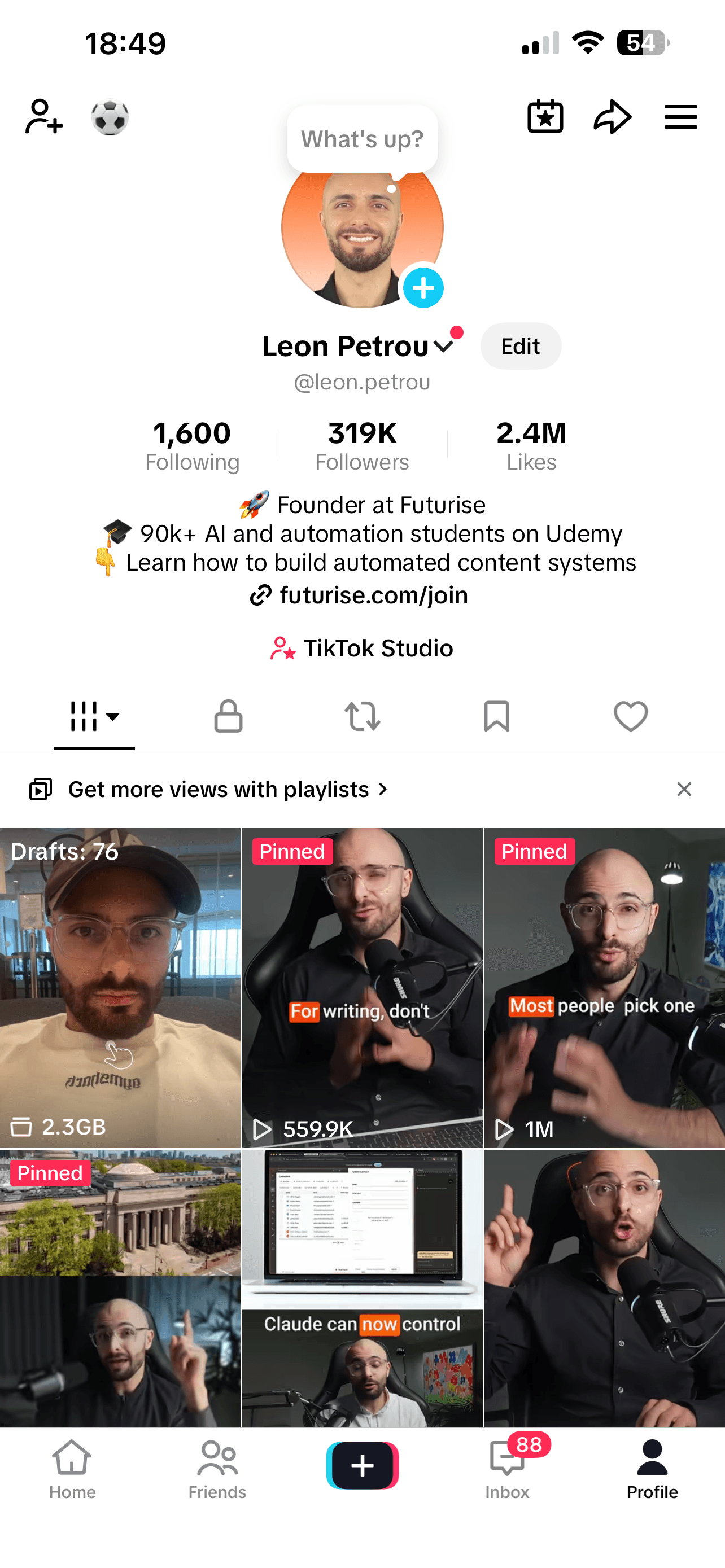Leon Petrou's TikTok profile with 319,000 followers and 2.4M likes