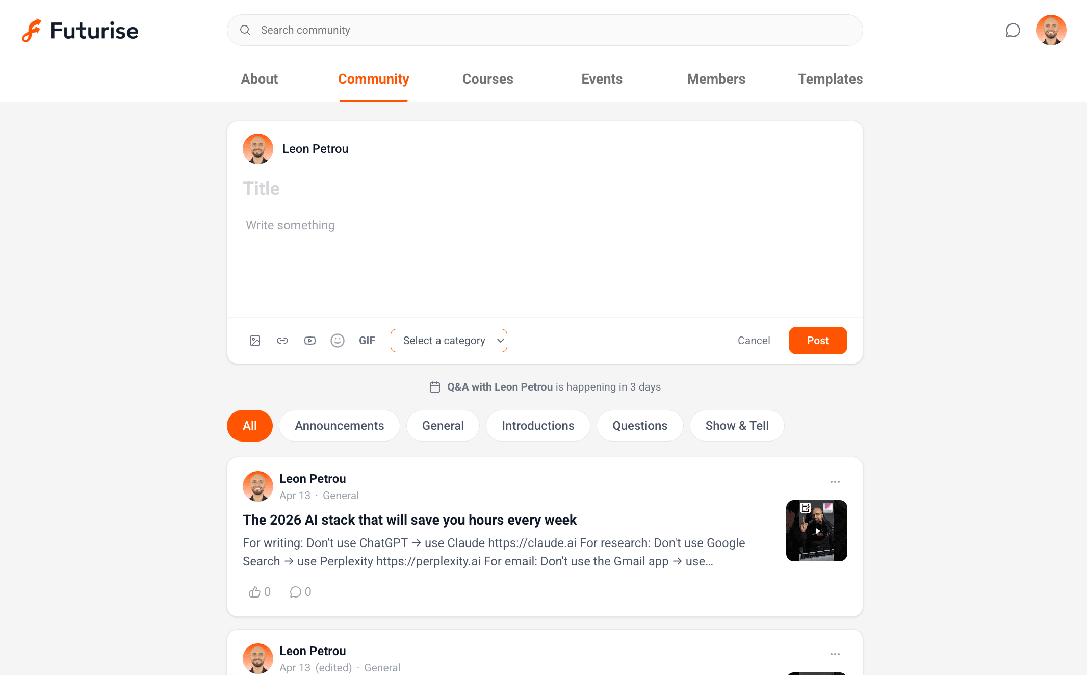 The Futurise community feed where members ask questions and share wins