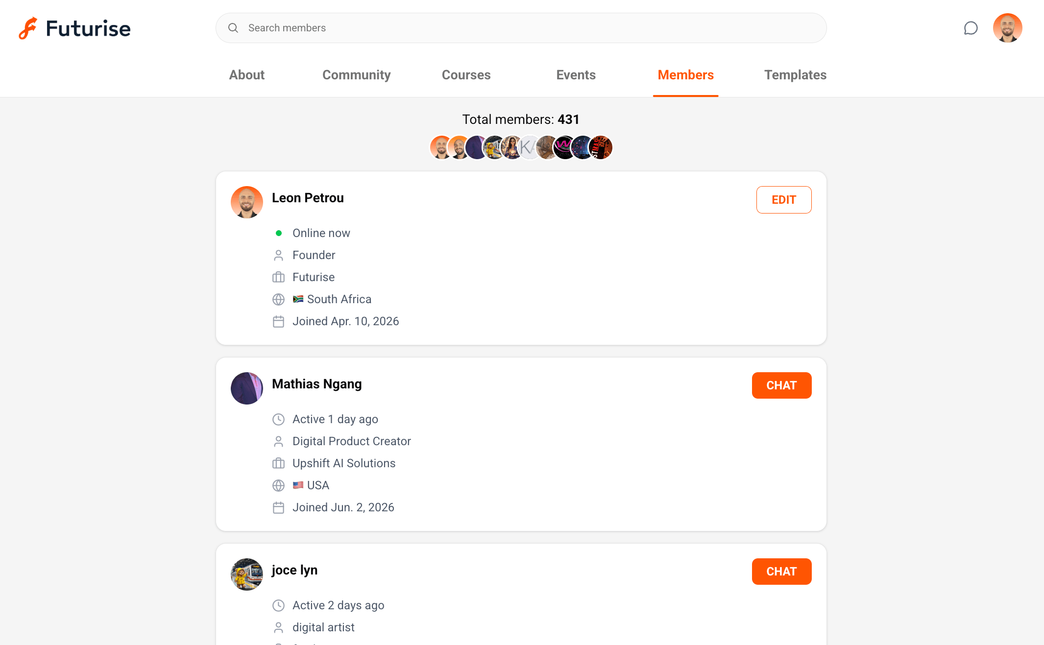 The Futurise members directory where you can message anyone