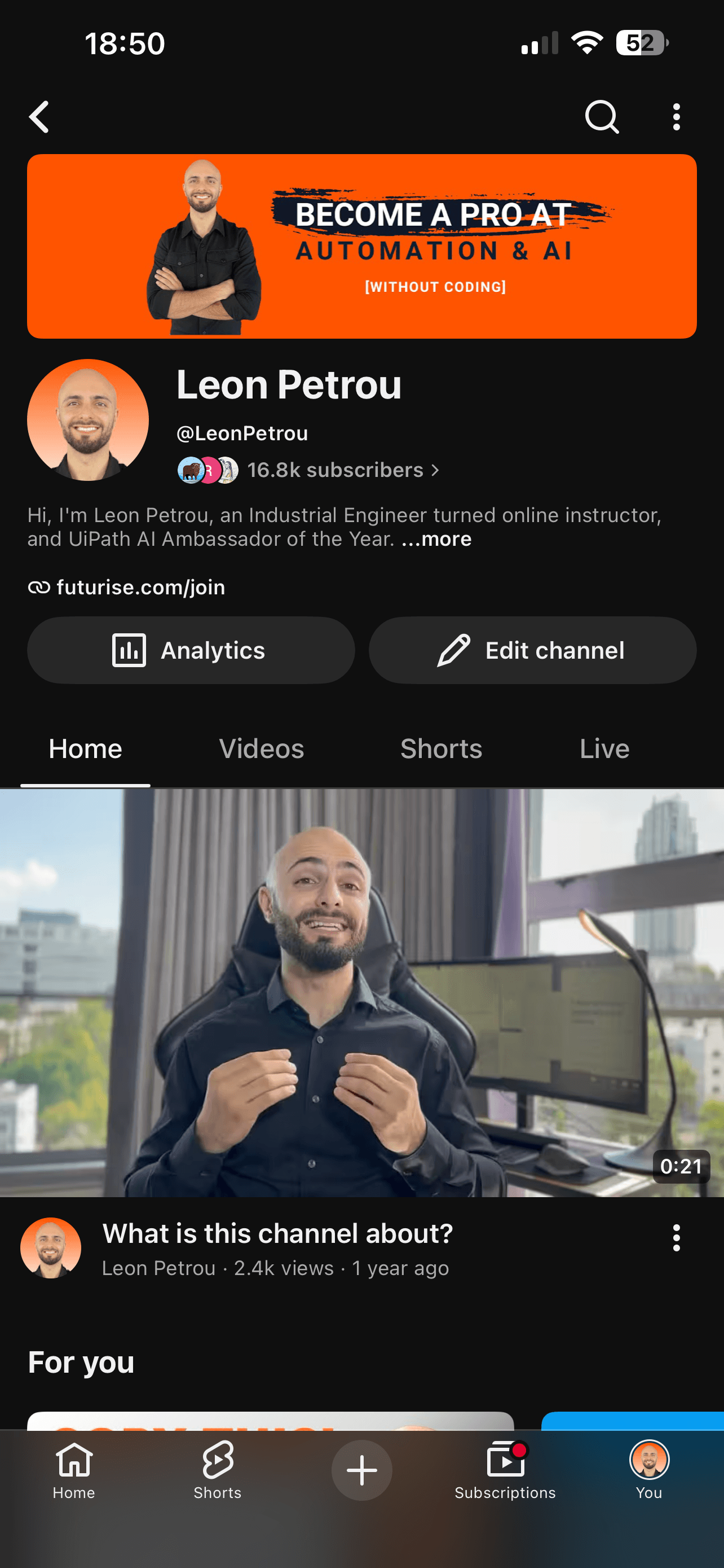 Leon Petrou's YouTube channel with 16,800 subscribers